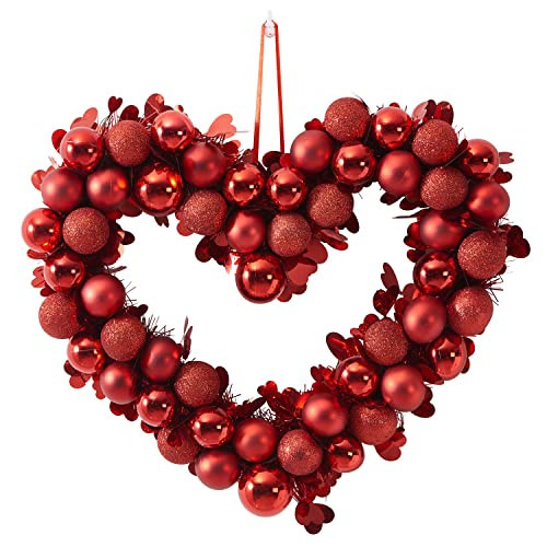 ChrisXiao Valentine's Day Front Door Wreath red Heart Decor,Artificial 16" Christmas Holiday Outdoor Indoor Window Wreaths with Frosted Ball Party Decorations | Amazon (US)