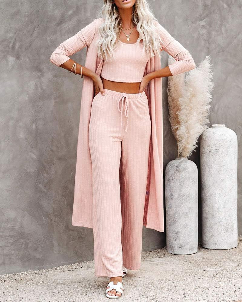 Womens Pajamas Set Fall Winter 3 Piece Loungewear Set Crop Vest Top Loose Pants and Cardigan Knitwea | Amazon (US)