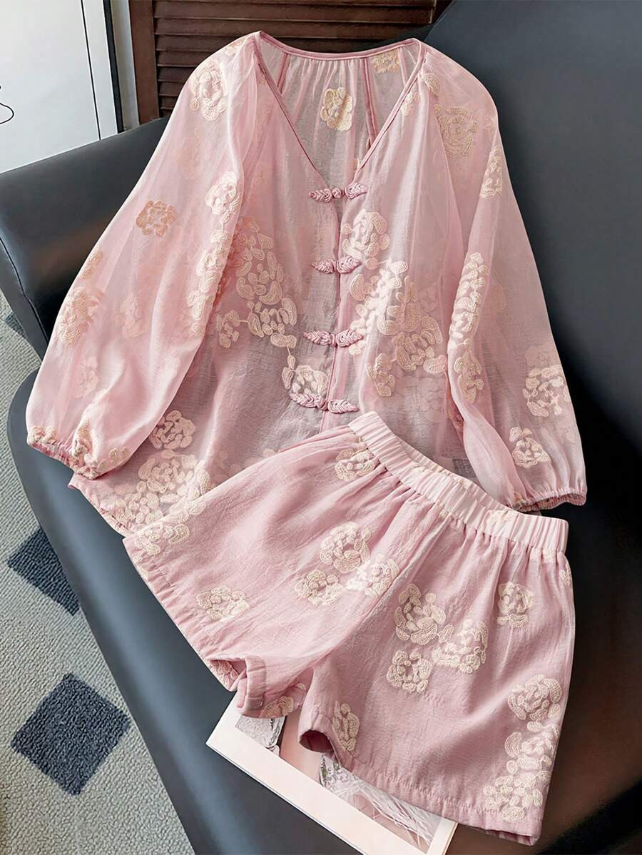 Resyla 2pcs Women National Style Long Sleeve Button-Up Shirt And Shorts Set, Pink | SHEIN EUR | SHEIN