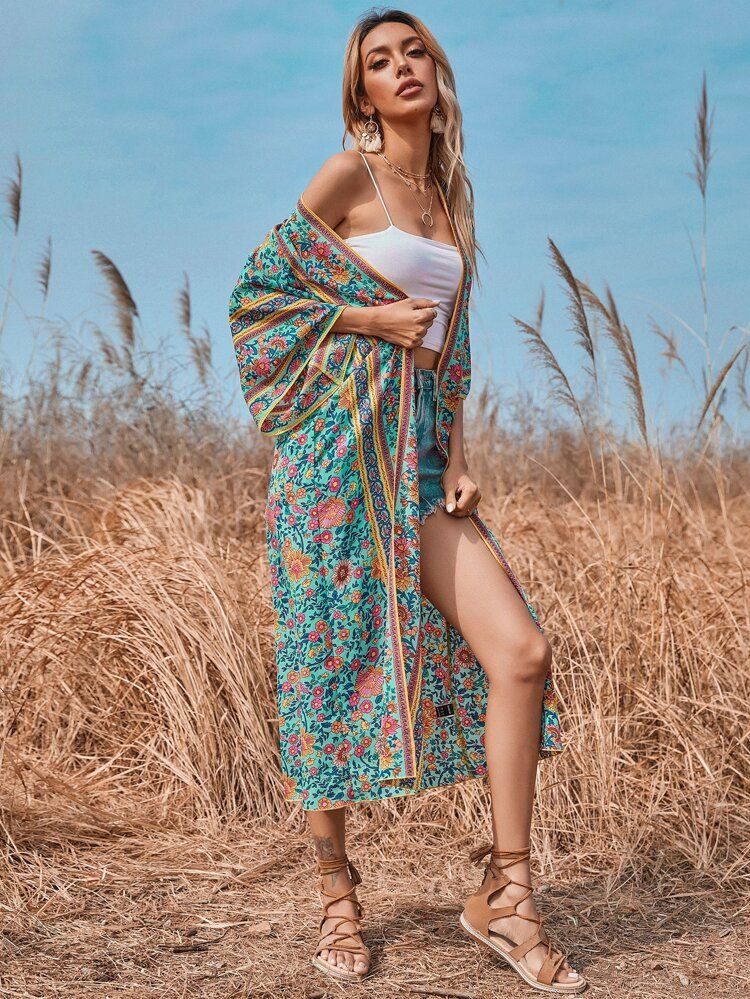 Floral Open Front Longline Kimono | SHEIN