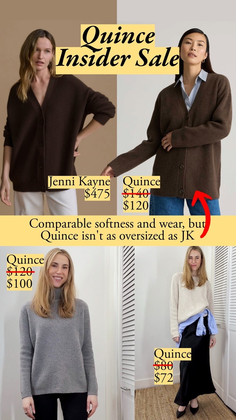 After comparing these sweaters in person, reviewing and wearing Quince for years, getting your feedback about Jenni Kayne, my conclusion is that they're comparable in terms of softness and wear. Jenni's sweaters have a more generous cut. Quince is still oversized and looks cool to me, and I prefer to save up for shoes rather than basics.