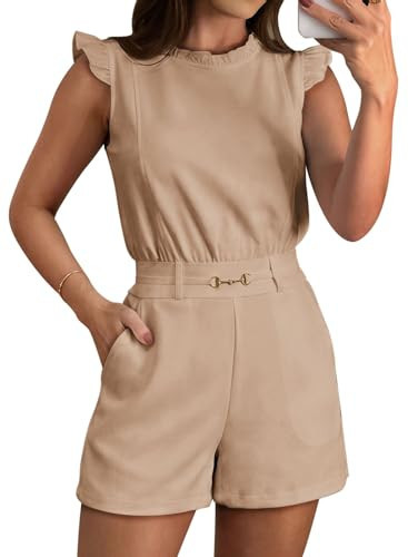 Pink Queen Women's Shorts Romper Casual Sleeveless Summer One Piece Mini Jumpsuit with Pockets Beige M | Amazon (US)
