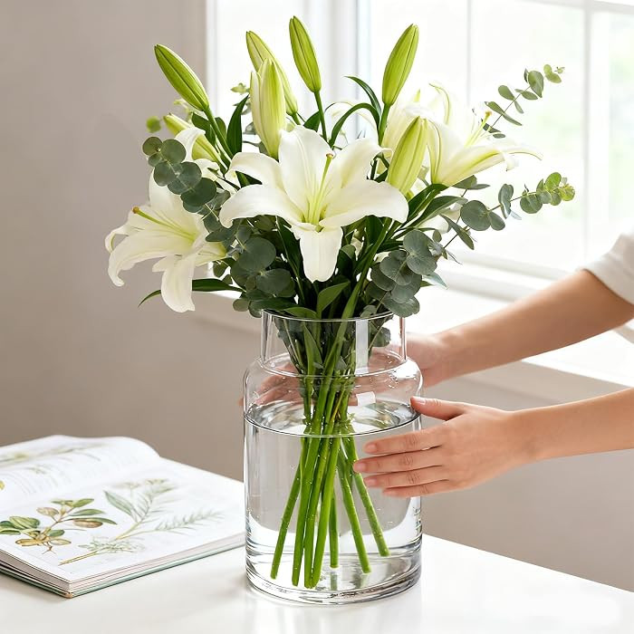 Clear Vases for Centerpieces, 9 Inch Large Glass Vase with Wide Mouth Weighted Bottom, Easy Clean... | Amazon (US)