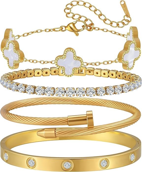 18K Gold Plated Bangle Bracelets Stack for Women,Four Leaf Clover Stackable Bracelets Non Tarnish... | Amazon (US)
