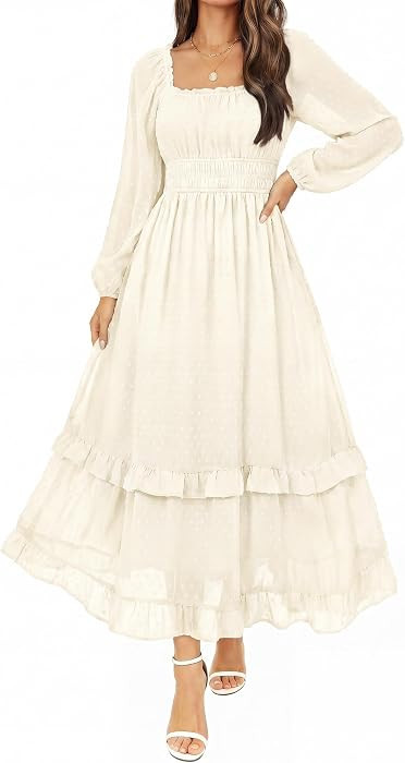 Womens Fall Swiss Dot Chiffon Square Neck Maxi Wedding Guest Dress | Amazon (US)