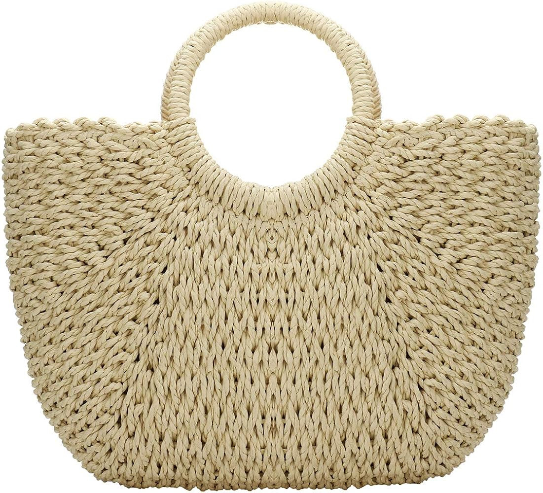 YYW Straw Bags for Women,Hand-woven Straw Large Bag Round Handle Ring Tote Retro Summer Beach Rat... | Amazon (US)
