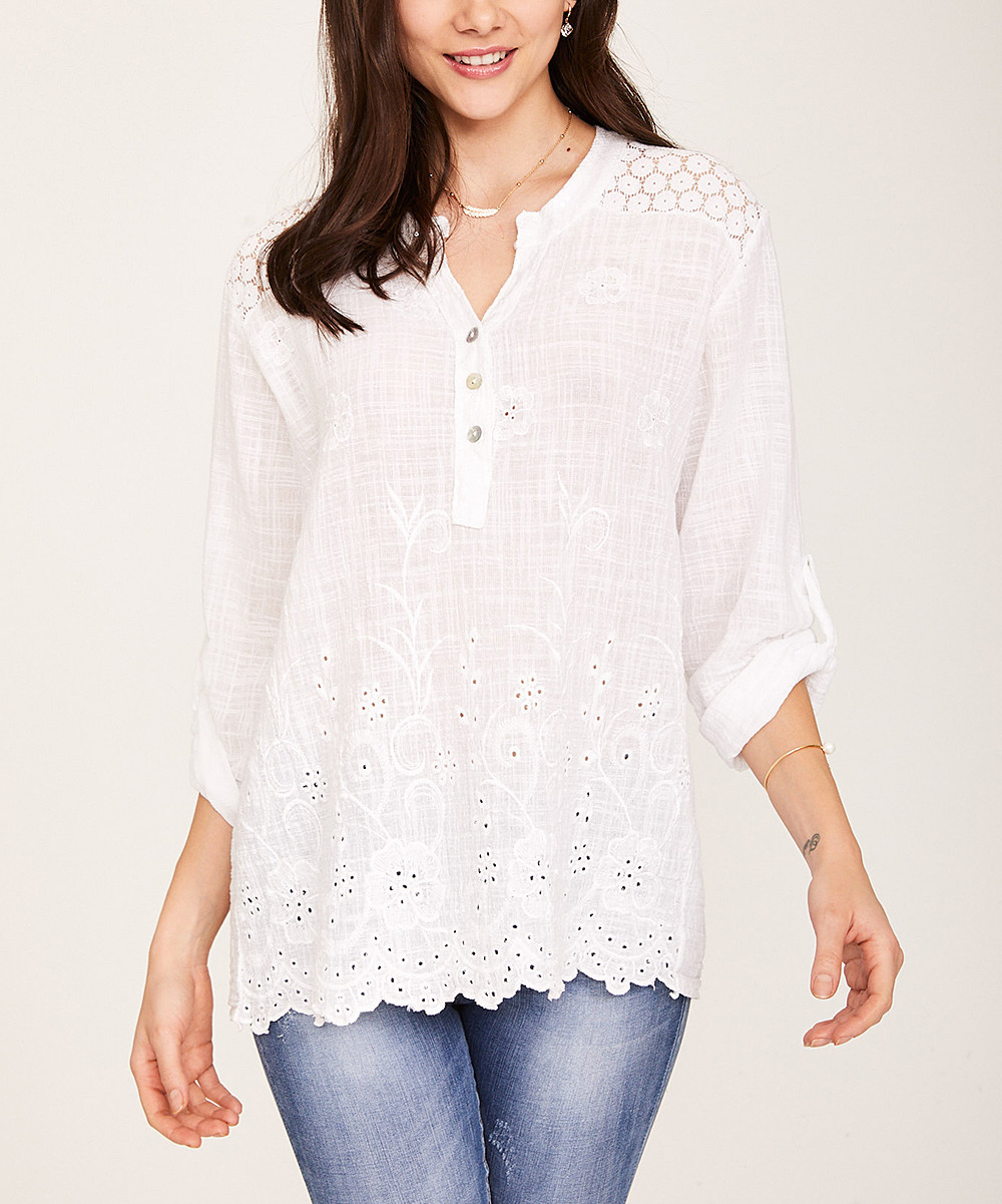 KeepKool Women's Blouses - White Linen-Blend Semisheer Button-Up Top - Women | Zulily