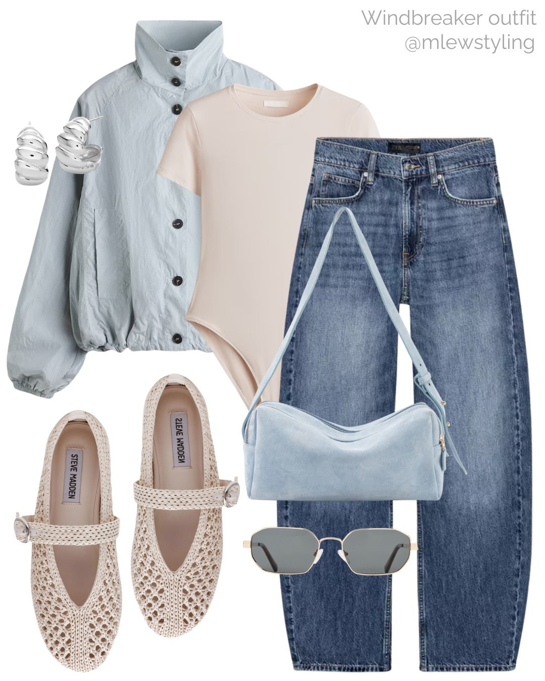 Neutral spring outfit with a H&M ice blue windbreaker jacket 🩵

Tags: track jacket, Zara barrel leg jeans, T-shirt bodysuit, Steve Madden raffia ballet flats, natural aesthetic, weekend look, spring trends 

#LTKSeasonal #LTKgrwm #LTKootd