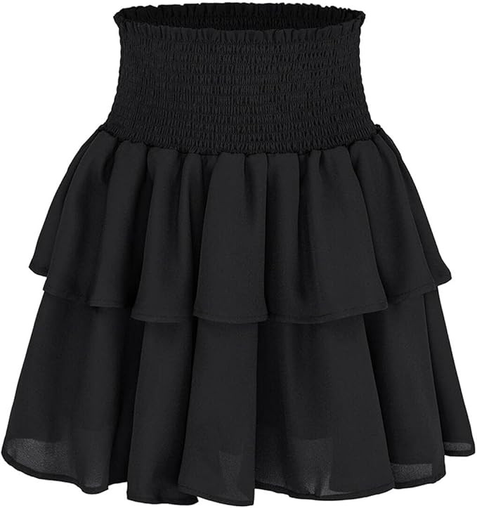 Bigary Women's High Waist Layered Ruffle Hem Flared Mini Skirt Boho Solid Smocked A Line Flowy Be... | Amazon (US)