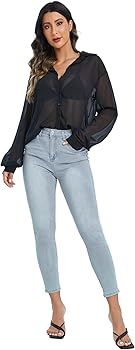 Verdusa Women's Sheer Mesh Button Down Shirt Top Long Sleeve Drop Shoulder Blouse Black L | Amazon (US)