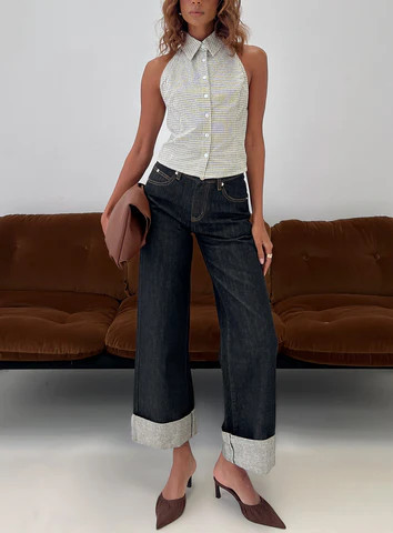 Squire Mid Rise Straight Leg Folded Hem Jeans Indigo Wash | Princess Polly US