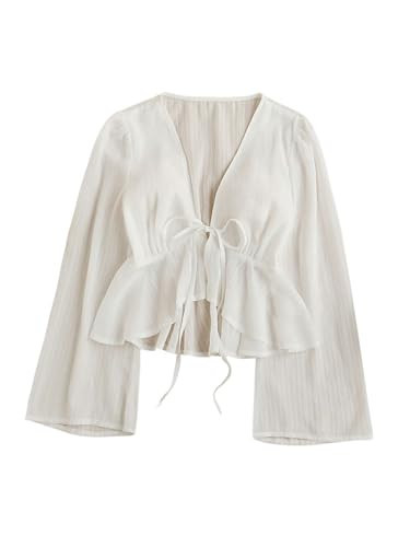 Floerns Women's Sheer Tie Front Flowy Sleeve Blouse Asymmetrical Ruffle Hem Flared Blouse White Medium | Amazon (US)