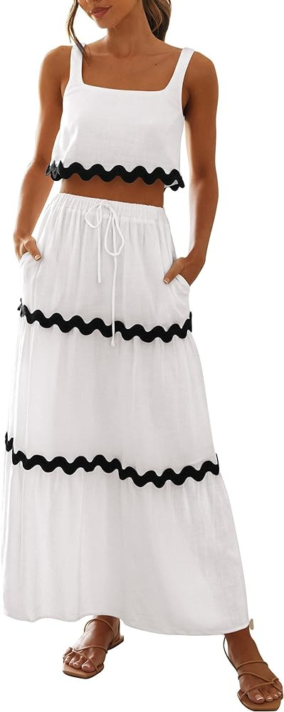 PRETTYGARDEN Women's Summer 2 Piece Beach Outfit Casual Sleeveless Cropped Tank Top High Waisted ... | Amazon (US)