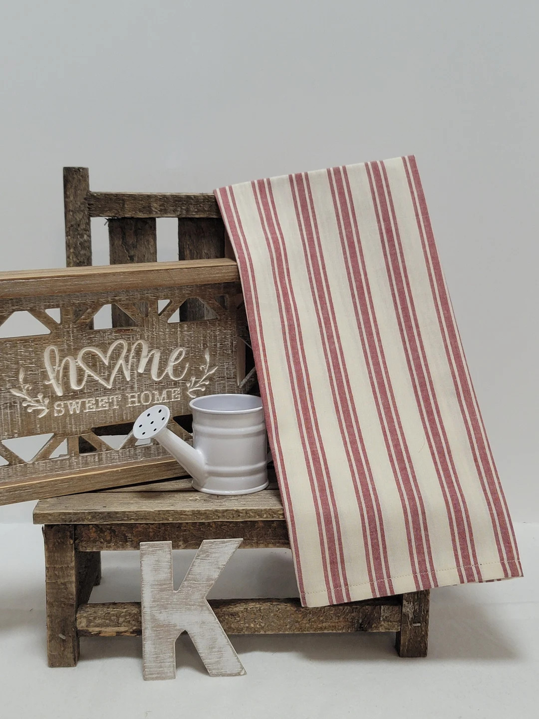 Handmade Red Cream Striped Farmhouse Tea Towel With Hook Tag - Etsy | Etsy (US)