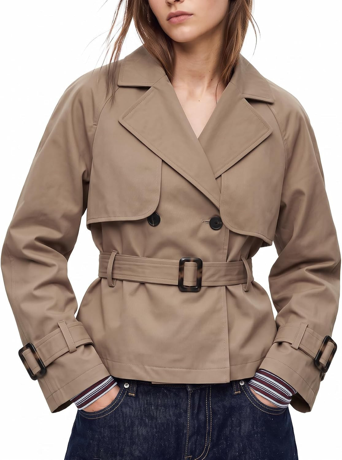 Wyeysyt Women Cropped Trench Coat Double Breasted Jacket | Amazon (US)