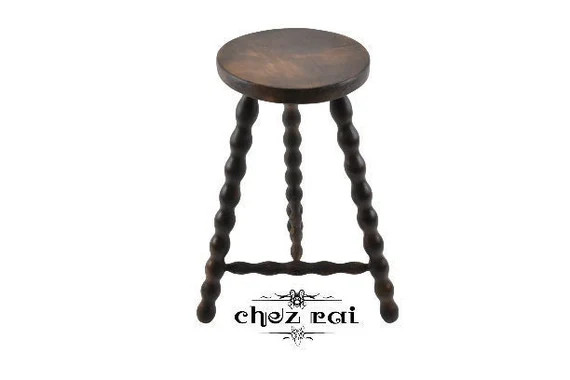 Vintage French Dark Wood Round Bobbin Braced Stool Plant Stand - Etsy | Etsy (US)