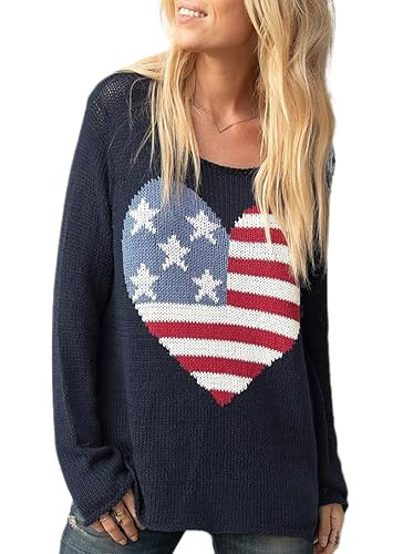 Women American Flag Tshirt Oversized Star Striped Flag Long Sleeve Crochet Shirt USA 4th of July Patriotic Tee Top(C 55 Black,M) | Amazon (US)