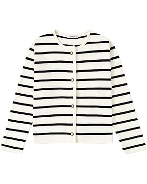LATAHUO Women's Striped Cardigan Sweater Trendy Long Sleeve Button Down Crewneck Knit Cardigans | Amazon (US)