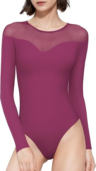 PUMIEY Mesh Bodysuit for Women Crew Neck Long Sleeve Body Suits Sexy Sheer Tops Smoke Cloud Colle... | Amazon (US)