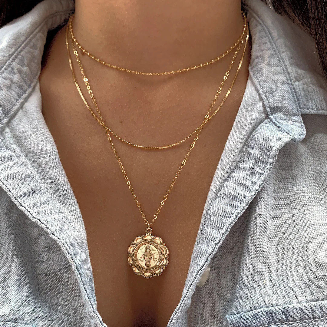 Mother’s Day, 14K GF Gold Coin Necklace, Miraculous Virgin Mary, Medallion Necklace, Bridesmaid... | Etsy (US)