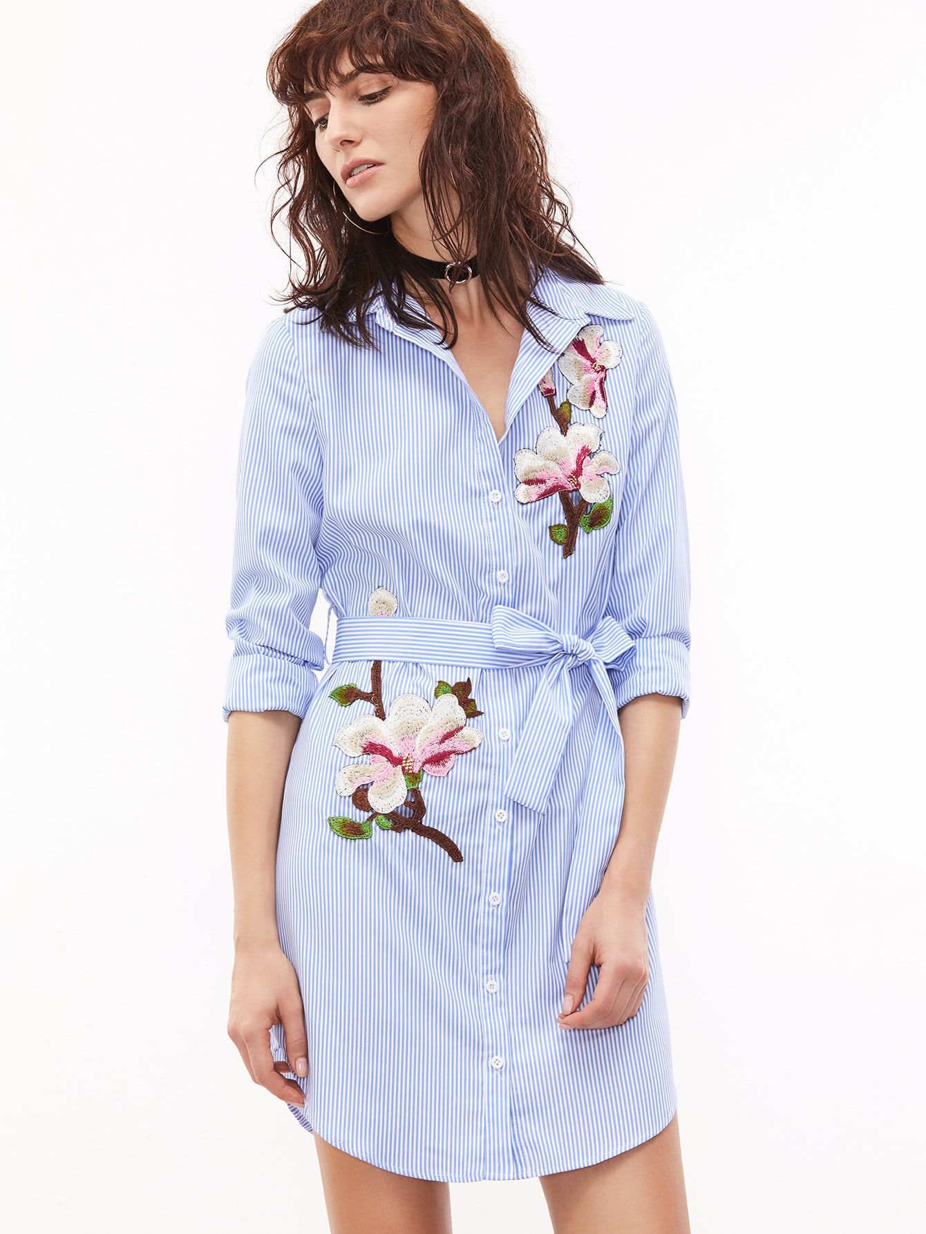 Blue And White Striped Self Belted Embroidered Shirt Dress | SHEIN