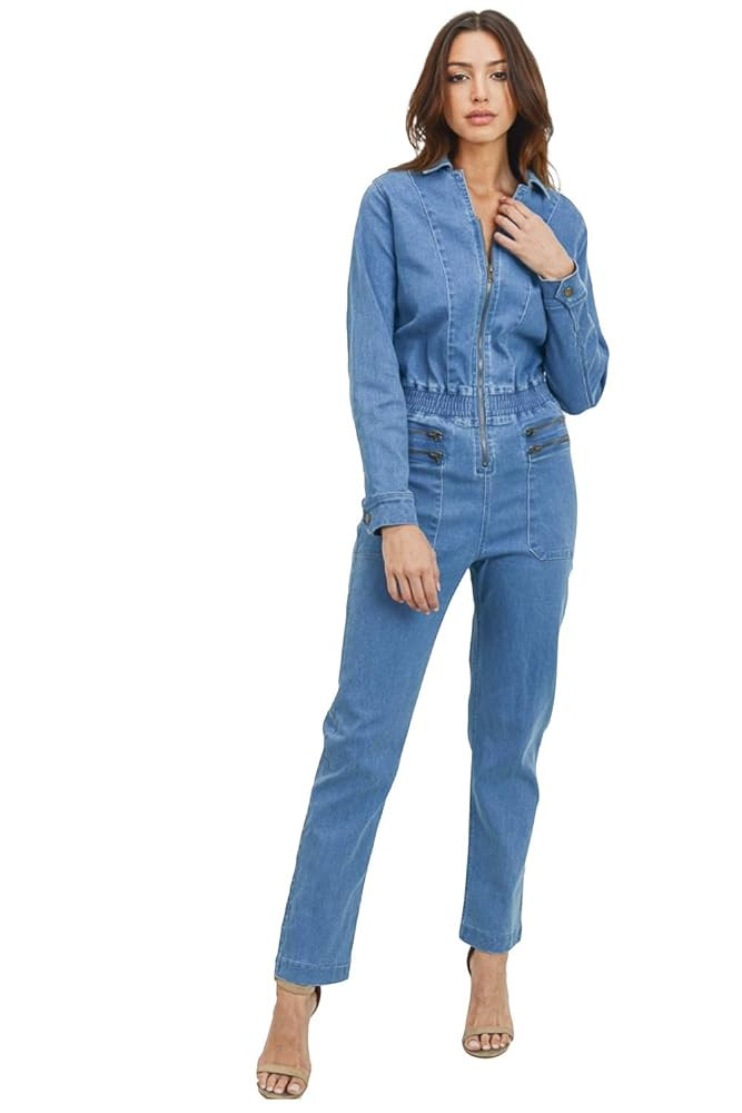 Khanomak Women's Classic Stretch Zip Up Closure Long Sleeve Denim Jeans Jumpsuit | Amazon (US)