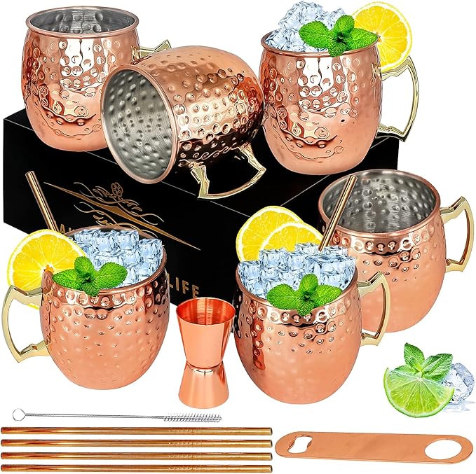 Moscow Mule Copper Mugs- Set of 6 Copper Plated Stainless Steel Mug 18oz, for Chilled Drinks (6 P... | Amazon (US)