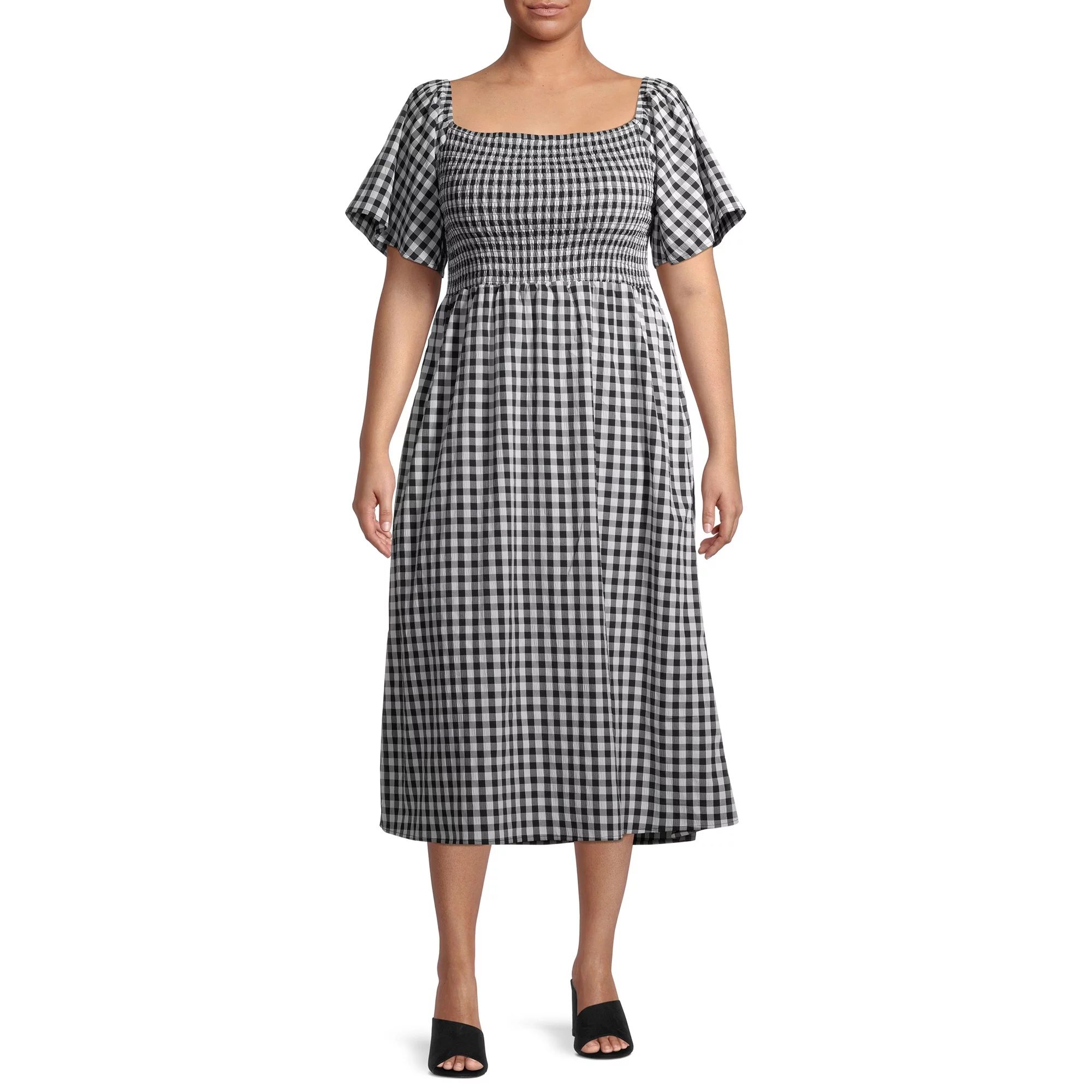 Gray by Grayson Social Women's Plus Size Smocked Square Neck Gingham Midi Dress | Walmart (US)