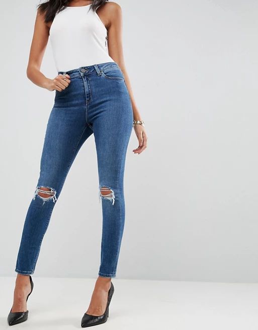 ASOS RIDLEY High Waist Skinny Jeans in Corinne Darkwash with Rips and Busts | ASOS US