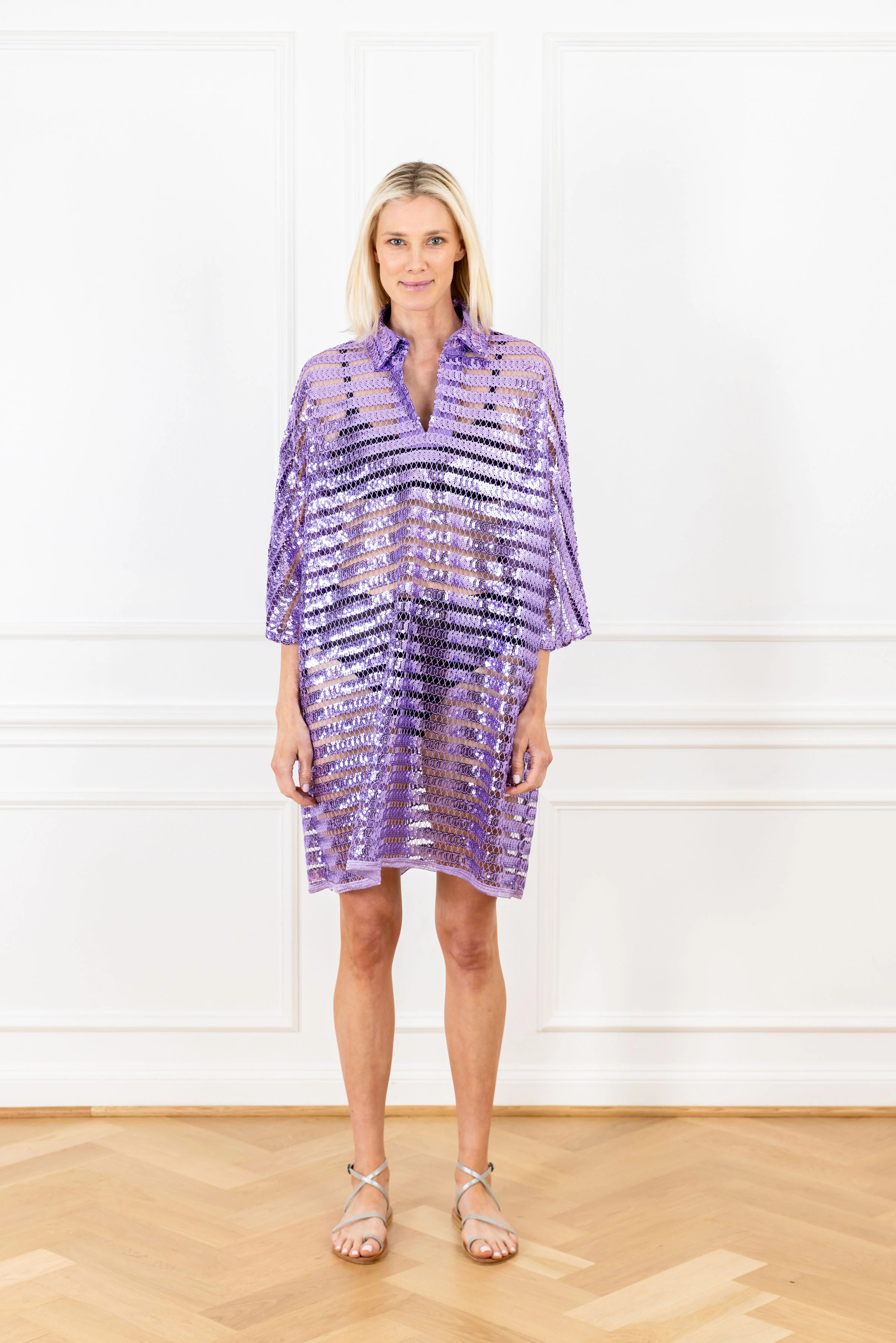 Purple Sequin Stripes Net Mini Everyday Dress | La Vie Style House