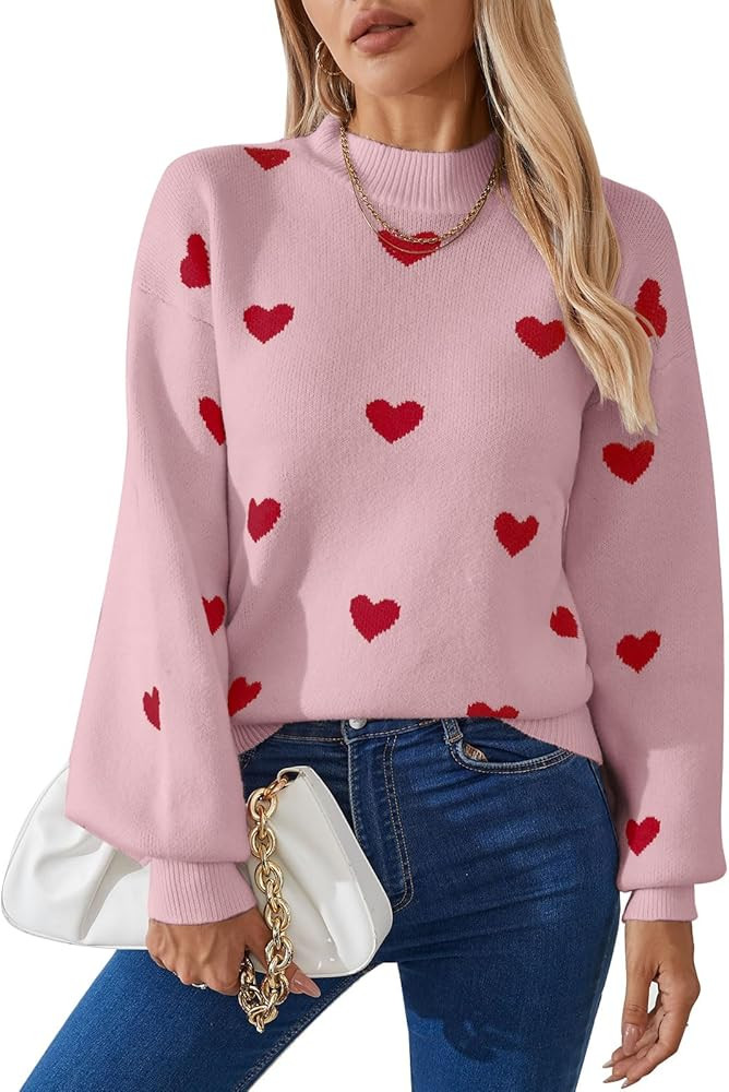 Women's Long Sleeve Mock Neck Sweaters Loose Casual Cute Heart Pullover Sweater | Amazon (US)