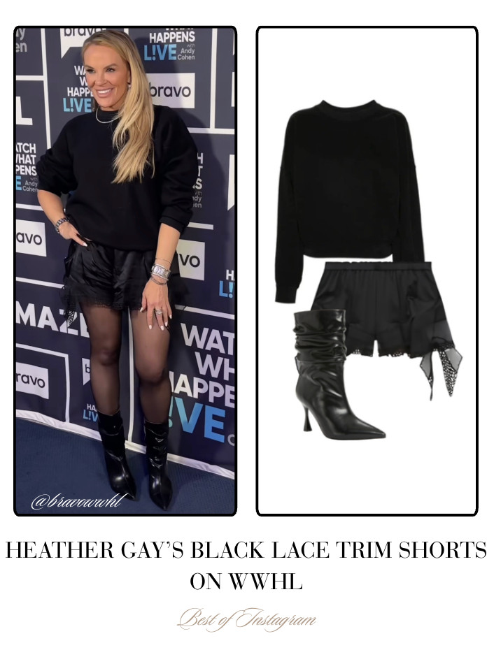 Heather Gay's Black Lace Trim Shorts + Boots on #WWHL // Sweater by Isabel Marant // Shop Similar 📸= @bravowwhl 

 