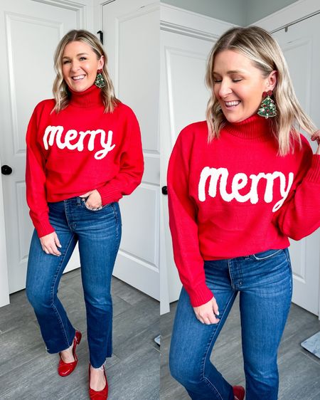 Feeling the festive vibes of this sweater from a small shop. Wearing my true size small. I had to pair it with the adorable Christmas tree earrings. Madewell jeans are a great fit! This exact wash is not 50% off but many washes are. 

#LTKfindsunder50 #LTKCyberWeek #LTKsalealert