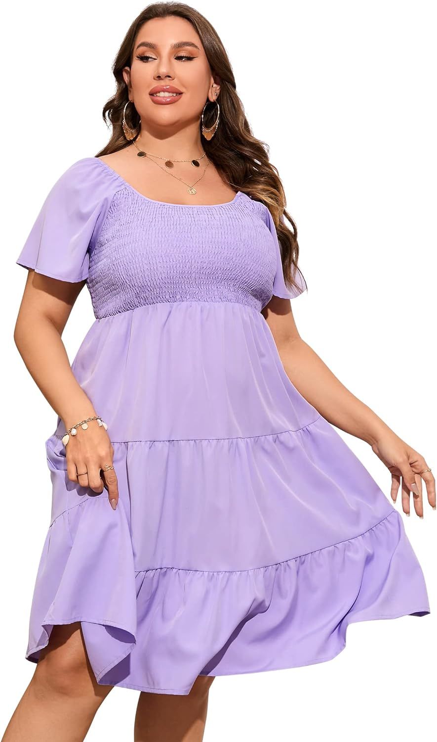KOJOOIN Women Plus Size Smocked Short Sleeve Dress Scoop Neck High Waist Ruffle Tiered Casual Mid... | Amazon (US)