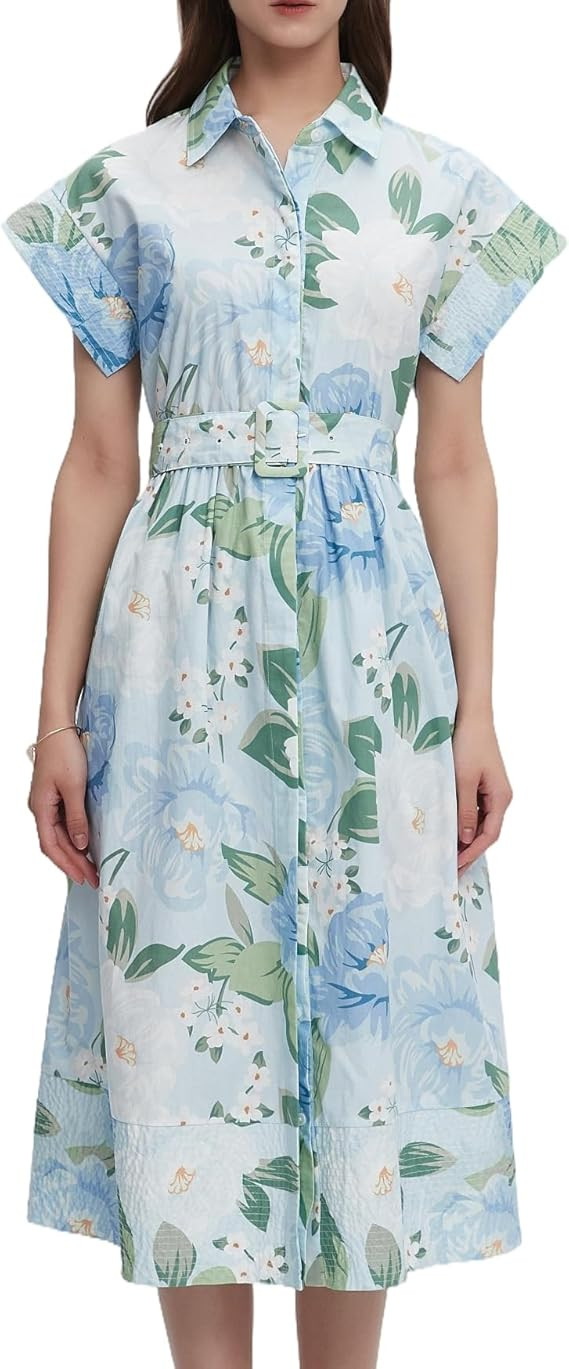 Women Summer Dresses 2025 Casual Wing Short Sleeve Button Down Midi Dress Floral Long Dress with ... | Amazon (US)