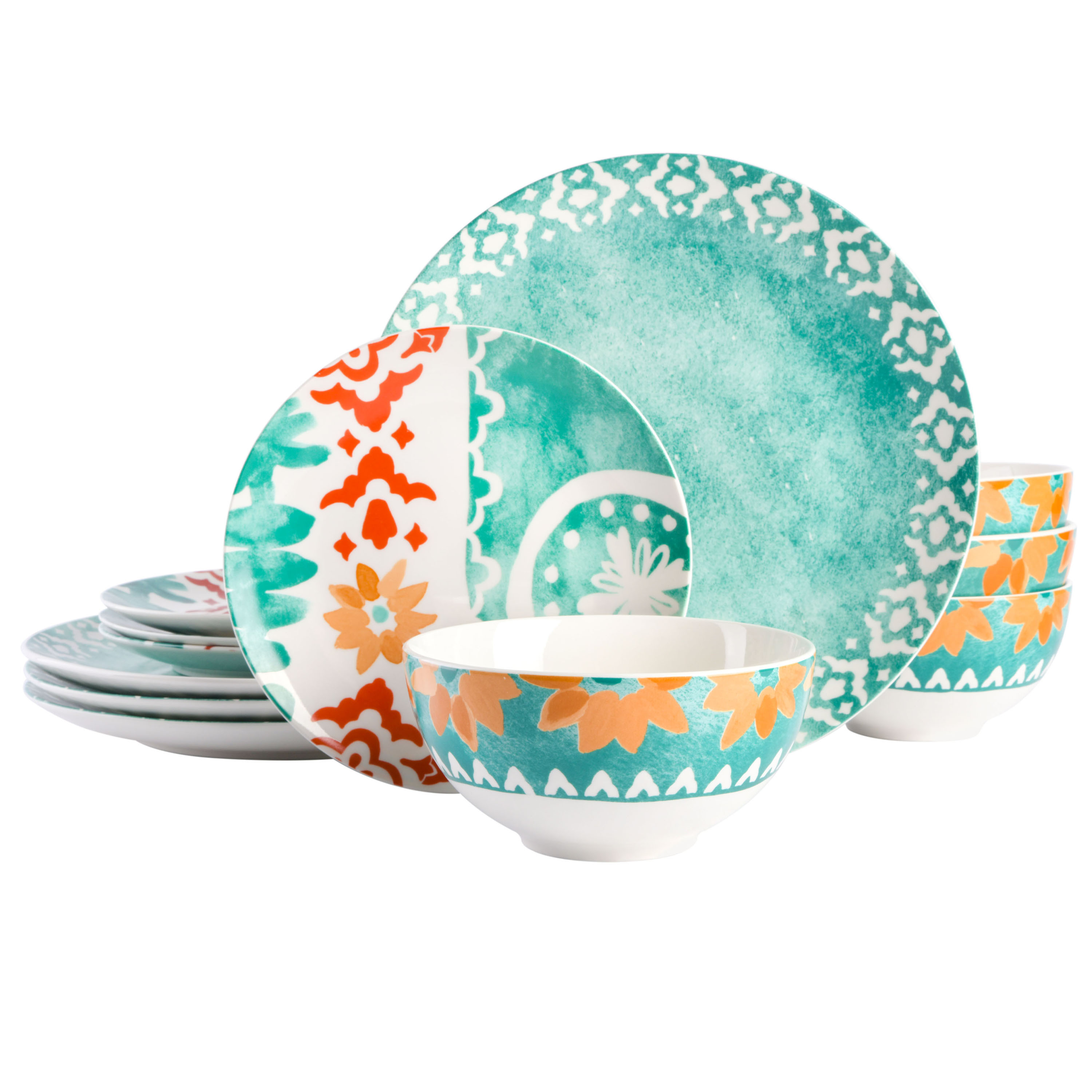 Spice By Tia Mowry - Savory Saffron 12-Piece Teal Fine Ceramic Dinnerware Set | Walmart (US)