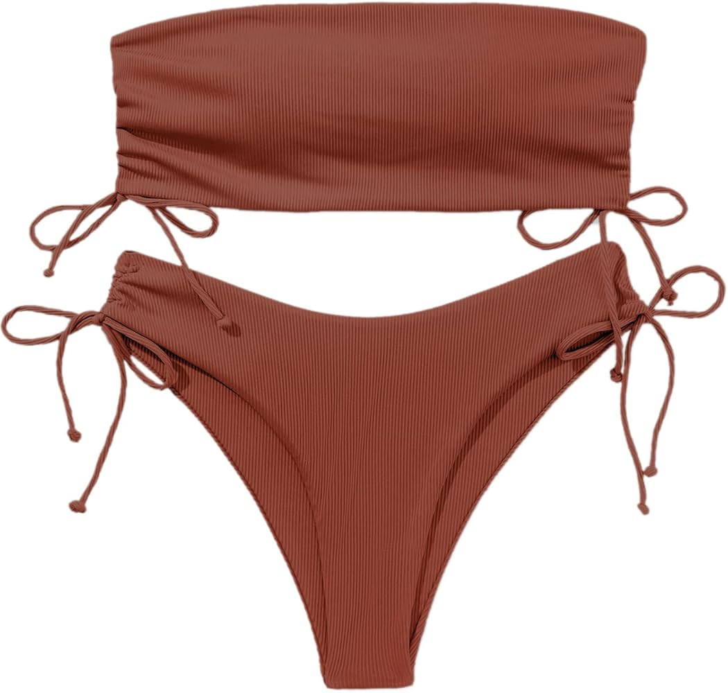 MakeMeChic Women's 2 Piece Bandeau Swimsuits Tie Side Ribbed Bikini Set Tankini | Amazon (US)