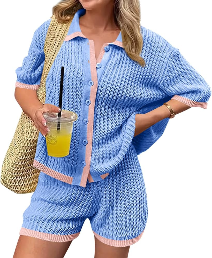 Cicy Bell Womens 2 Piece Short Sets Summer Short Sleeve Collared Tops Beach Vacation Cover Up Cro... | Amazon (US)