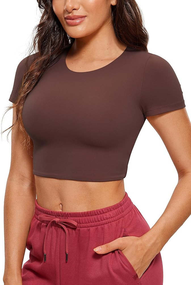 CRZ YOGA Womens Butterluxe Double Lined Short Sleeve Crop Tops Crew Neck Casual Workout T-Shirt C... | Amazon (US)