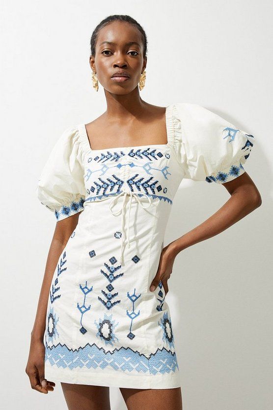 Cotton Embroidered Puff Sleeve Woven Mini Dress | Karen Millen US