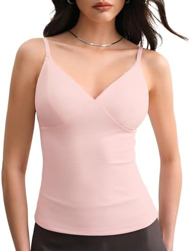 C202 Tank Tops with Built in Bras V Neck Spaghetti Strap Camisole Sleeveless Sexy Cute Summer Top... | Amazon (US)