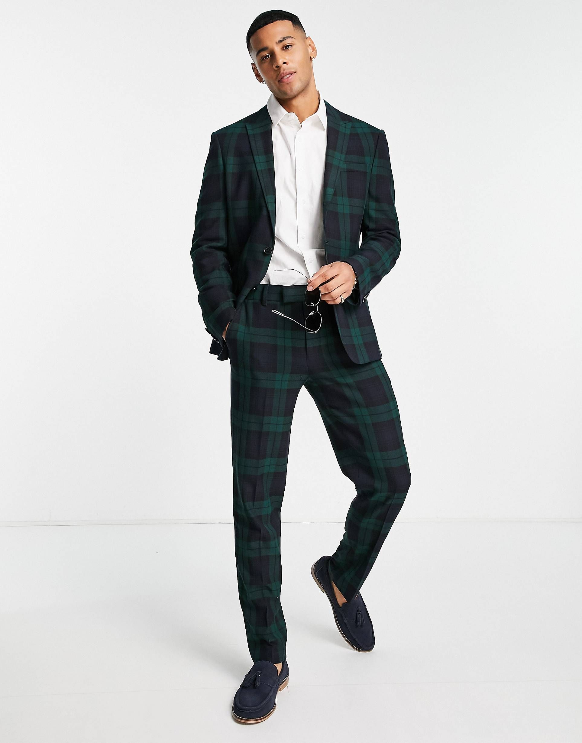ASOS DESIGN slim suit jacket in dark green blackwatch tartan check | ASOS (Global)