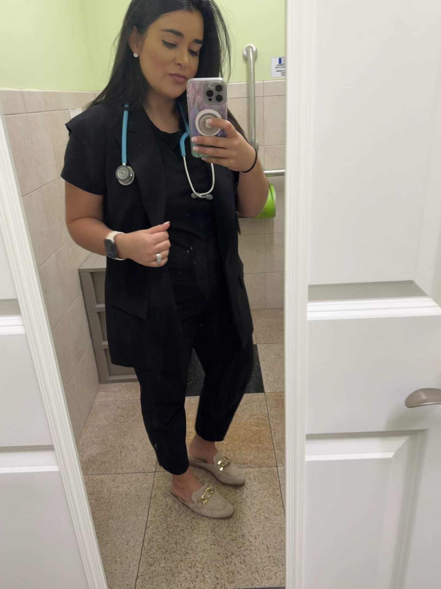 Ootd workwear as a Pediatric nurse practitioner 🩺🥼 

I really need a matte black stethoscope to go with this all black look 🖤

#LTKWorkwear