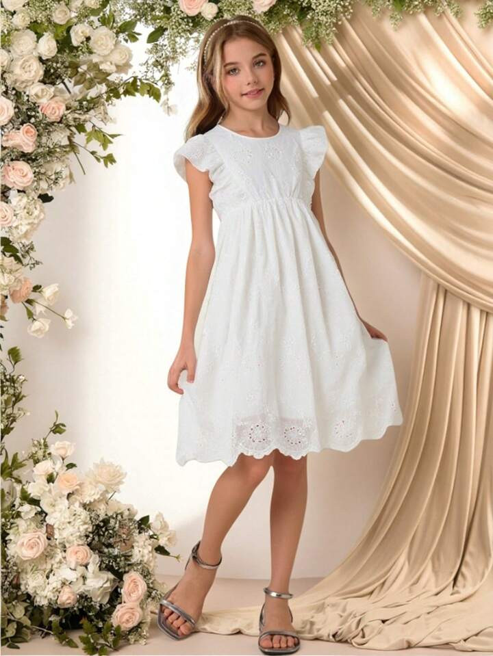 Girls' White Hollow Lace Ruffle Trim Cap Sleeve Casual Vacation Dress, Summer | SHEIN