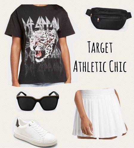 Saturday shares! Target athletic edgy outfit idea! Pleated mini skirt, athletic skirt, def leopard shirt, sneakers, belt bag, Fanny pack, shoulder bag, black sunglasses! 