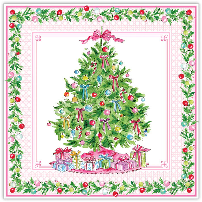Christmas Tree with Colorful Ornaments and Gifts Pink Square Placemat | Rosanne Beck Collections