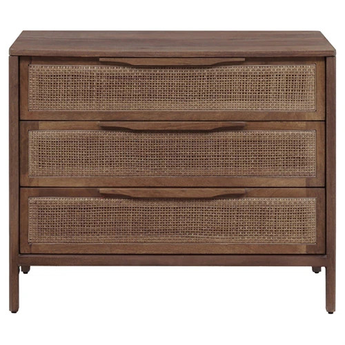 Rhian Coastal Beach Brown Mango Wood Woven Cane 3 Drawer Nightstand | Kathy Kuo Home