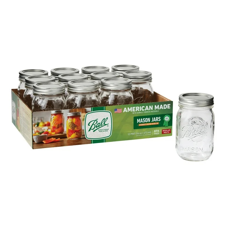 Ball 16 oz Mason Jars Regular Mouth 12pk, Pint Canning Jars with Lids and Rings, Bulk Ball Jars f... | Walmart (US)