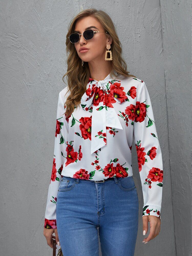 Tie Neck Floral Top | SHEIN