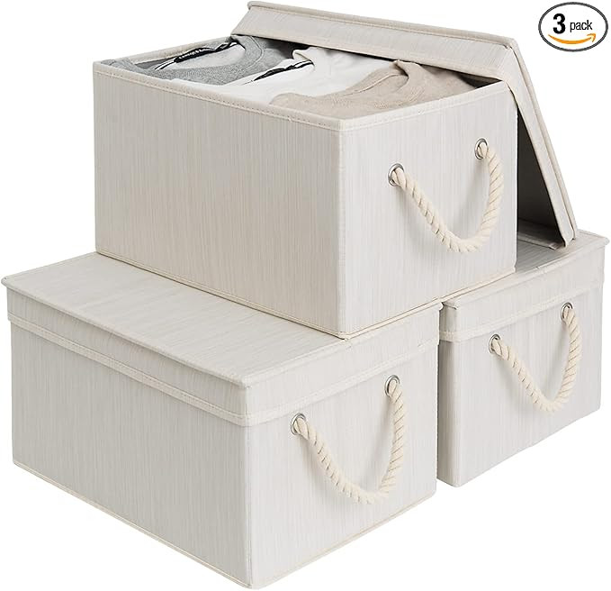 StorageWorks Storage Bins with Lids, Decorative Storage Boxes with Lids and Soft Rope Handles, Mi... | Amazon (US)